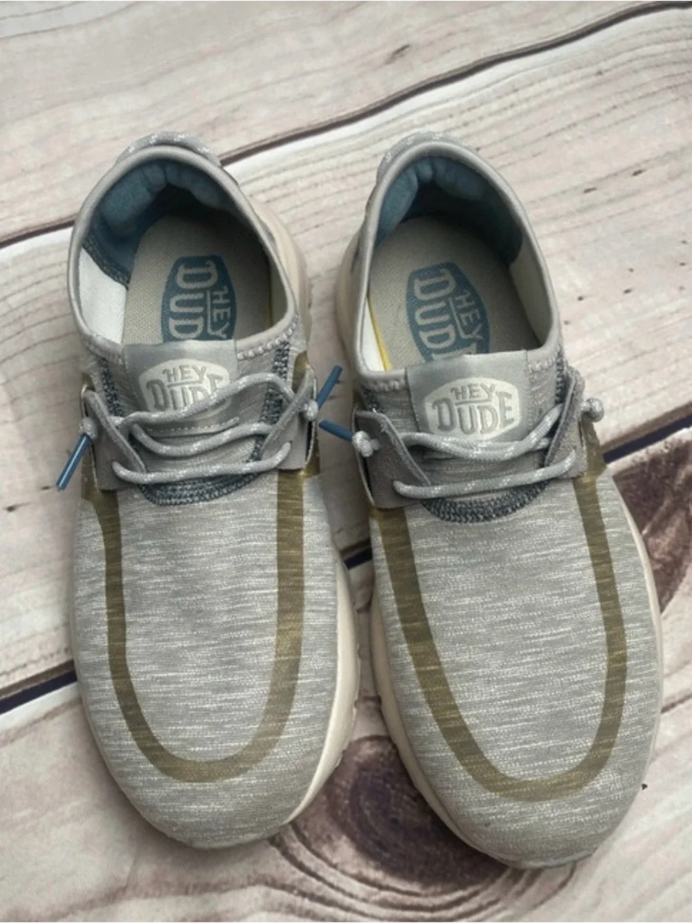 Hey Dude sirocco Gray Knit Slip-Ons with gold  Stripe women’s 6 EUC